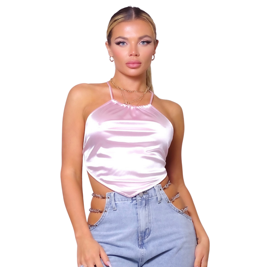 Sexy spaghetti strap halter scarf top Satin MADE IN USA Ana is 5’7″ and wearing a size S Silky Summer Crop Top