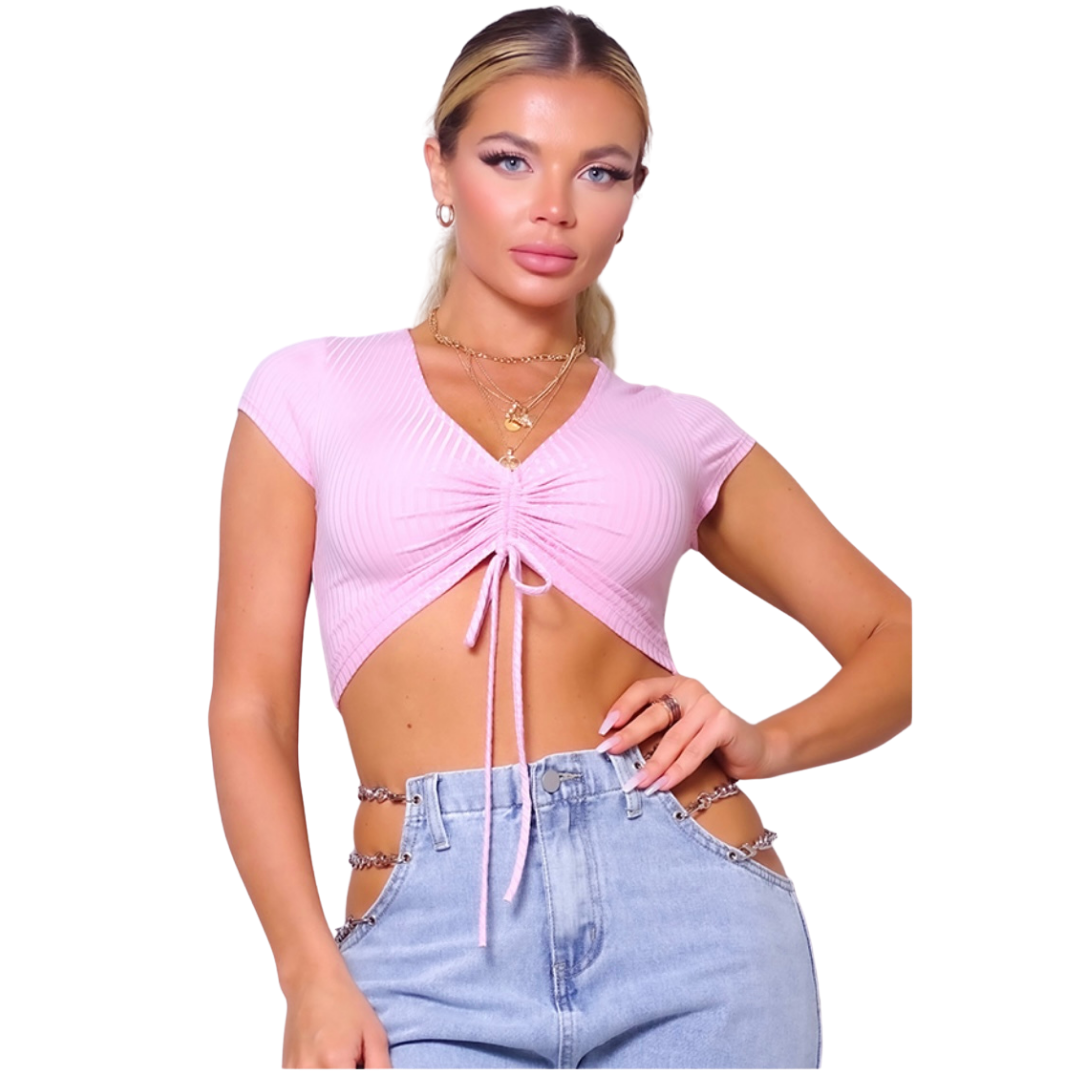 Cap sleeve V neck ruched crop top 97% polyester, 3% spandex MADE IN USA Ana is 5’7″ and wearing a size S
