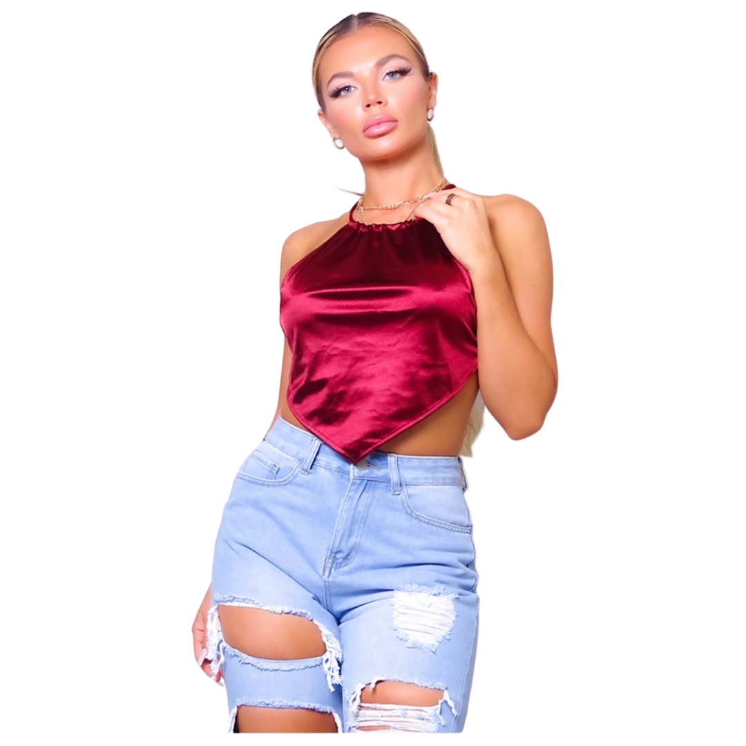 Sexy spaghetti strap halter scarf top Satin MADE IN USA Ana is 5’7″ and wearing a size S Silky Summer Crop Top