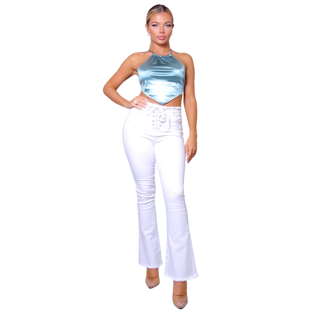 Sexy spaghetti strap halter scarf top Satin MADE IN USA Ana is 5’7″ and wearing a size S Silky Summer Crop Top