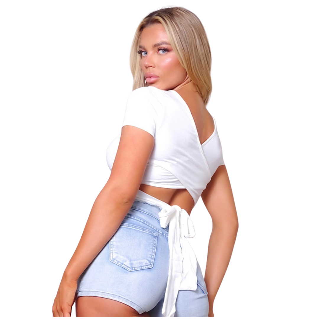 Short sleeve round neck crossover multi way tie top 96% rayon modal, 4% spandex MADE IN USA Ana is 5’7″ and wearing a size S
