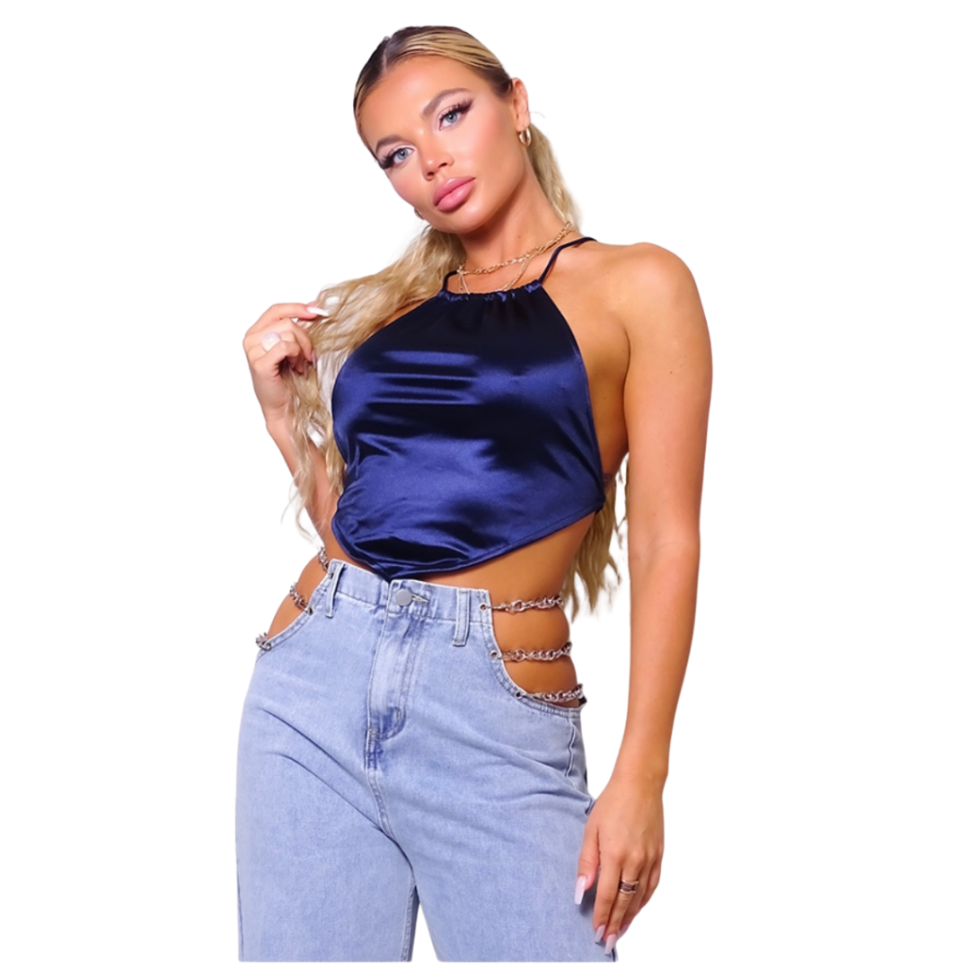 Sexy spaghetti strap halter scarf top Satin MADE IN USA Ana is 5’7″ and wearing a size S Silky Summer Crop Top