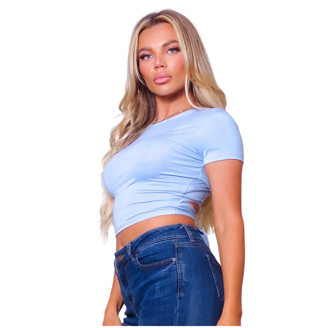 Short sleeve round neck crossover multi way tie top 96% rayon modal, 4% spandex MADE IN USA Ana is 5’7″ and wearing a size S