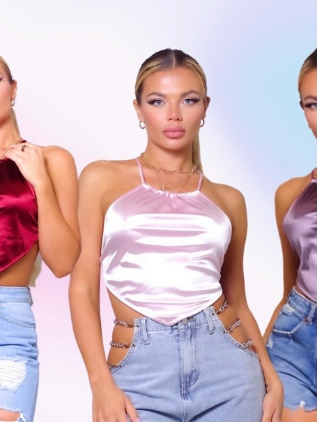 Sexy spaghetti strap halter scarf top Satin MADE IN USA Ana is 5’7″ and wearing a size S Silky Summer Crop Top