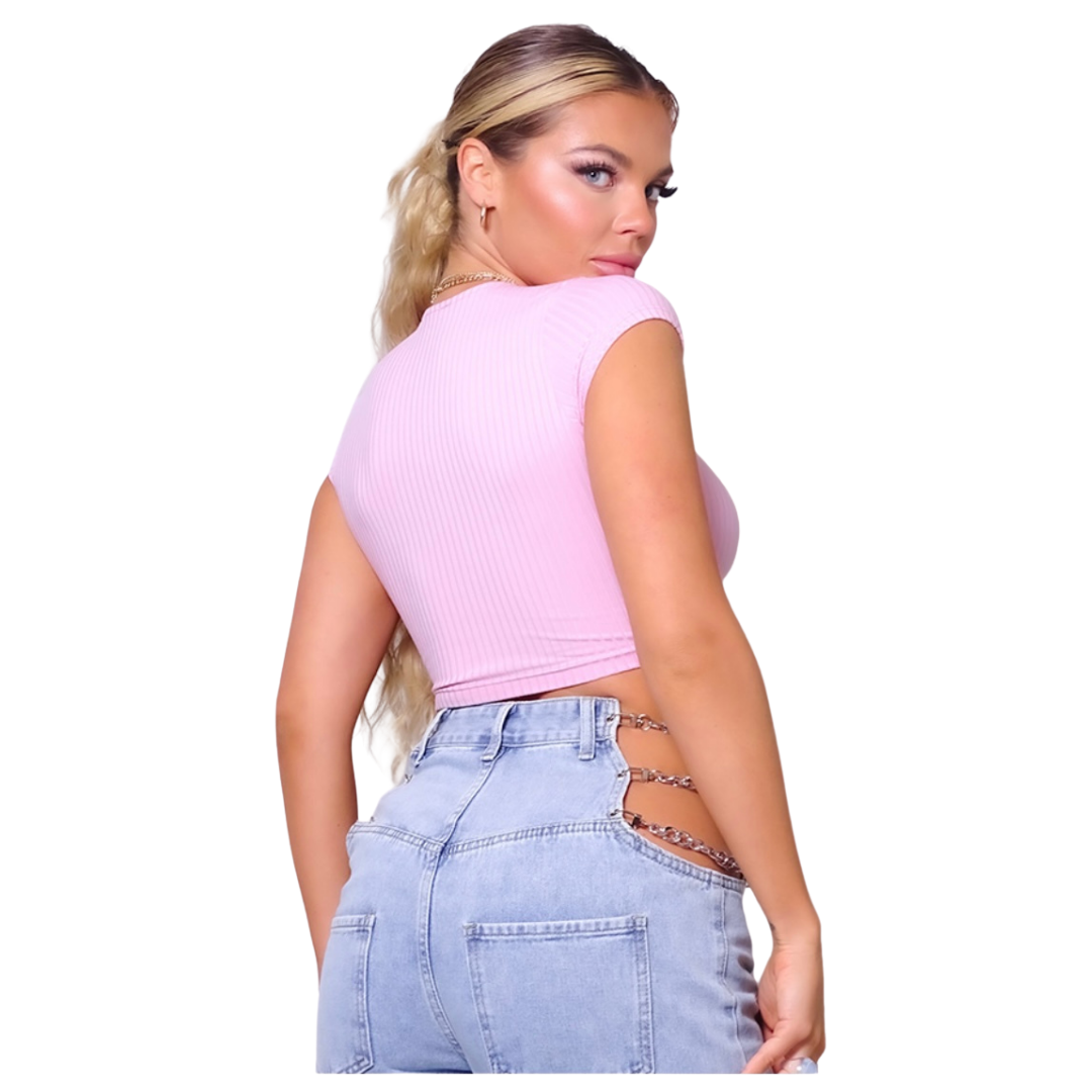 Cap sleeve V neck ruched crop top 97% polyester, 3% spandex MADE IN USA Ana is 5’7″ and wearing a size S