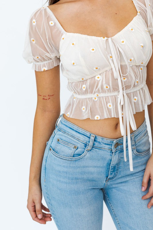 Chic Tie-Up Ruched Embroidery Crop Top