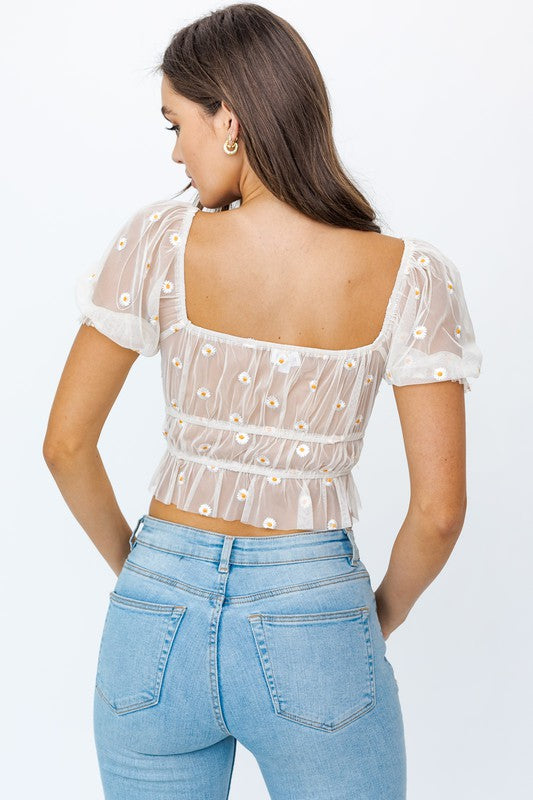 Chic Tie-Up Ruched Embroidery Crop Top