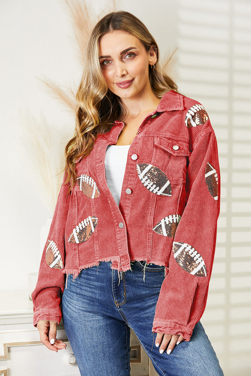 Football Szn Sequin Patch Raw Hem Shacket