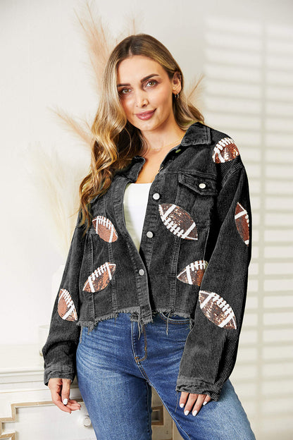 Football Szn Sequin Patch Raw Hem Shacket