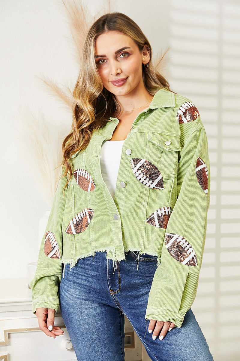 Football Szn Sequin Patch Raw Hem Shacket