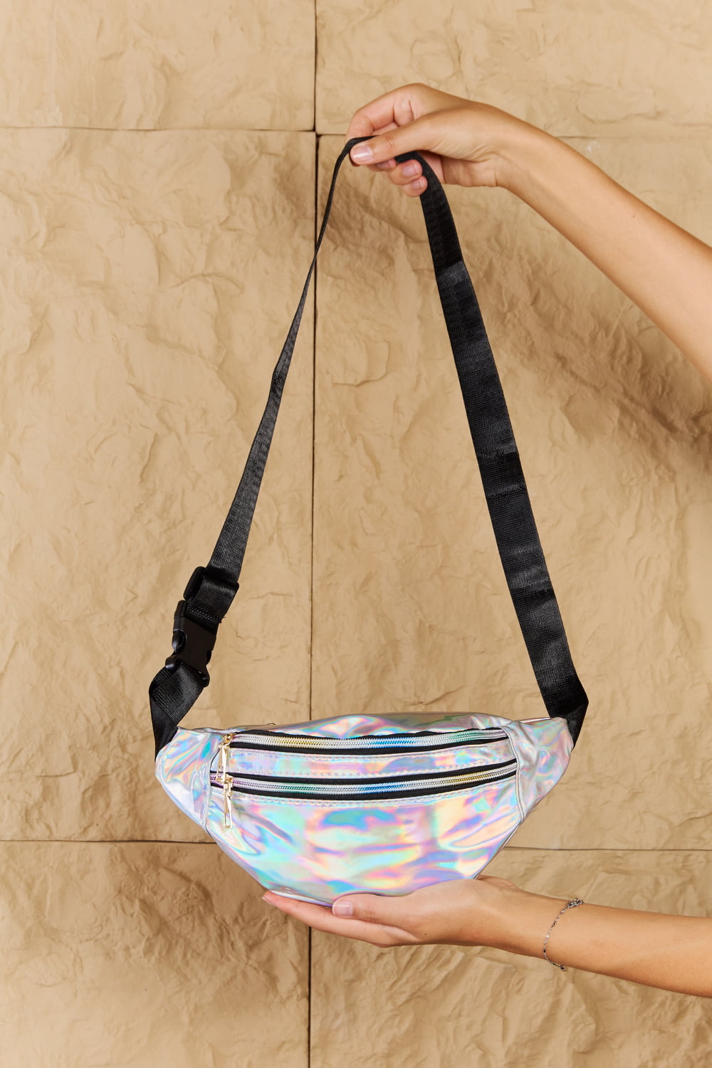 Fame Good Vibrations Iridescent Double Zipper Fanny Pack in Silver