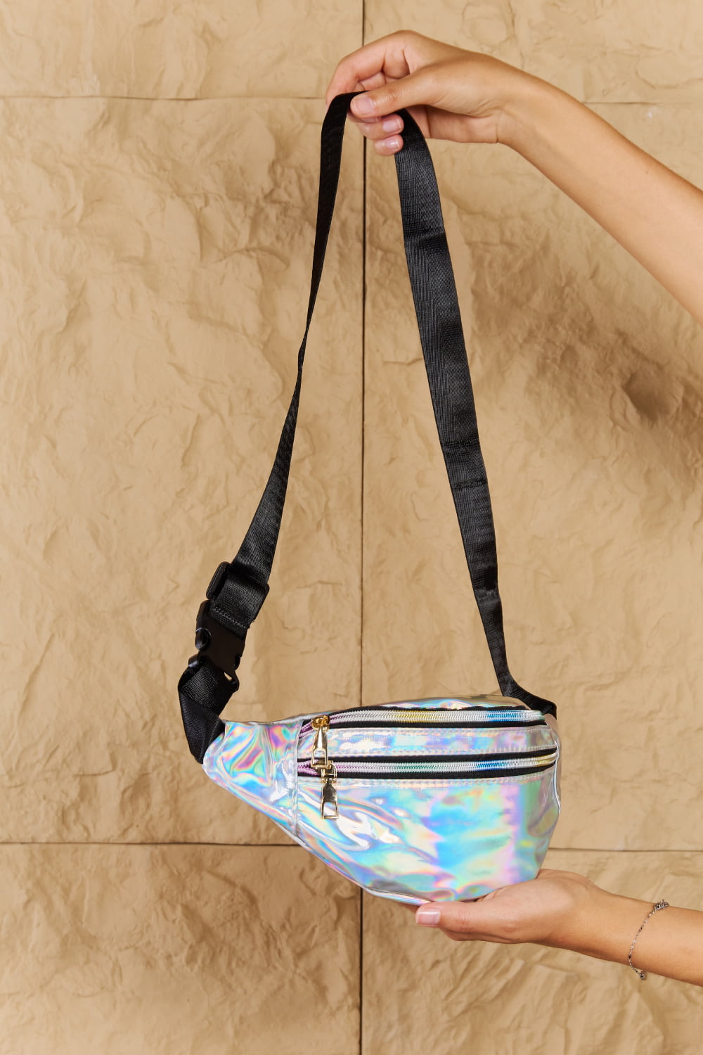 Fame Good Vibrations Iridescent Double Zipper Fanny Pack in Silver