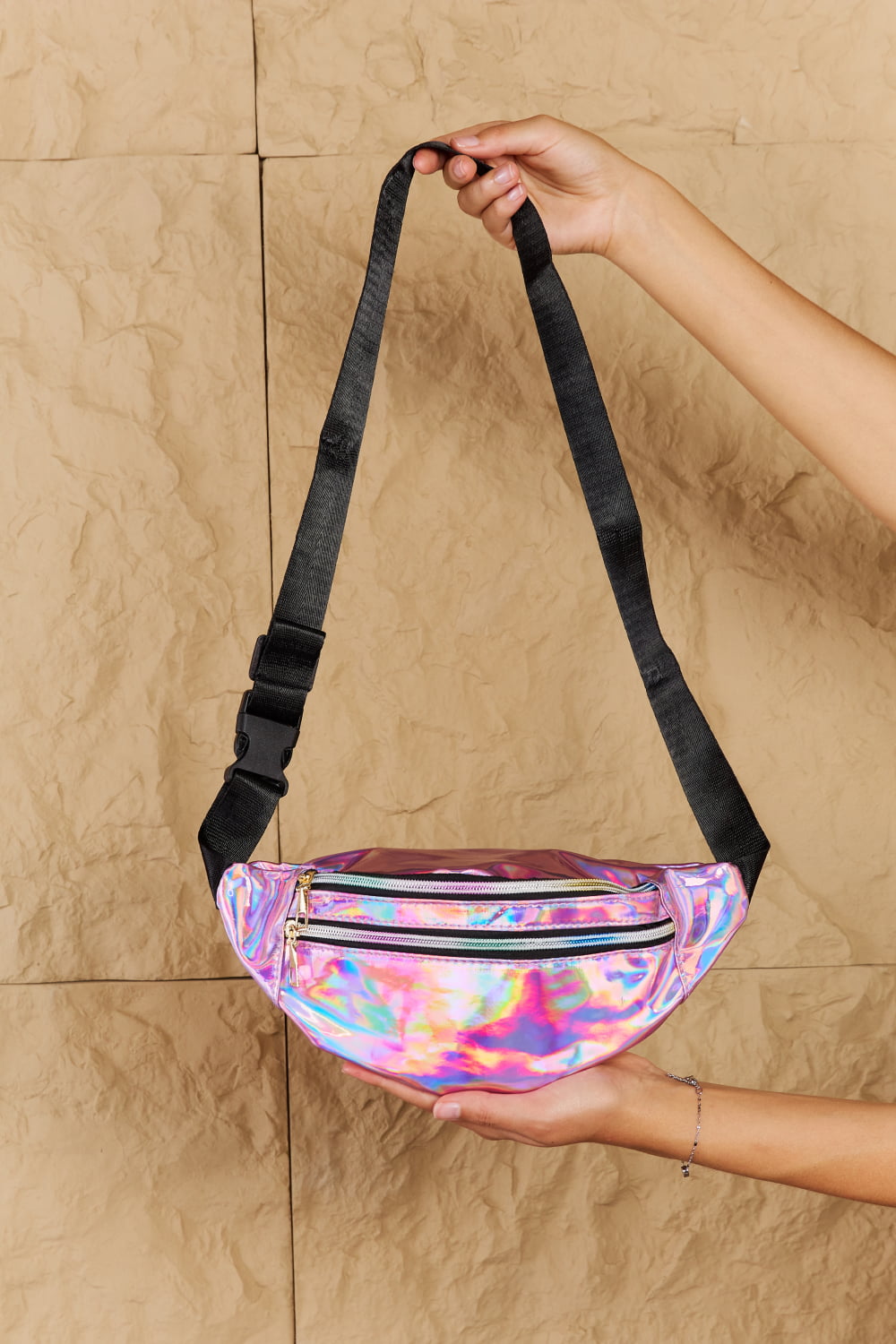 Fame Good Vibrations Iridescent Double Zipper Fanny Pack in Hot Pink