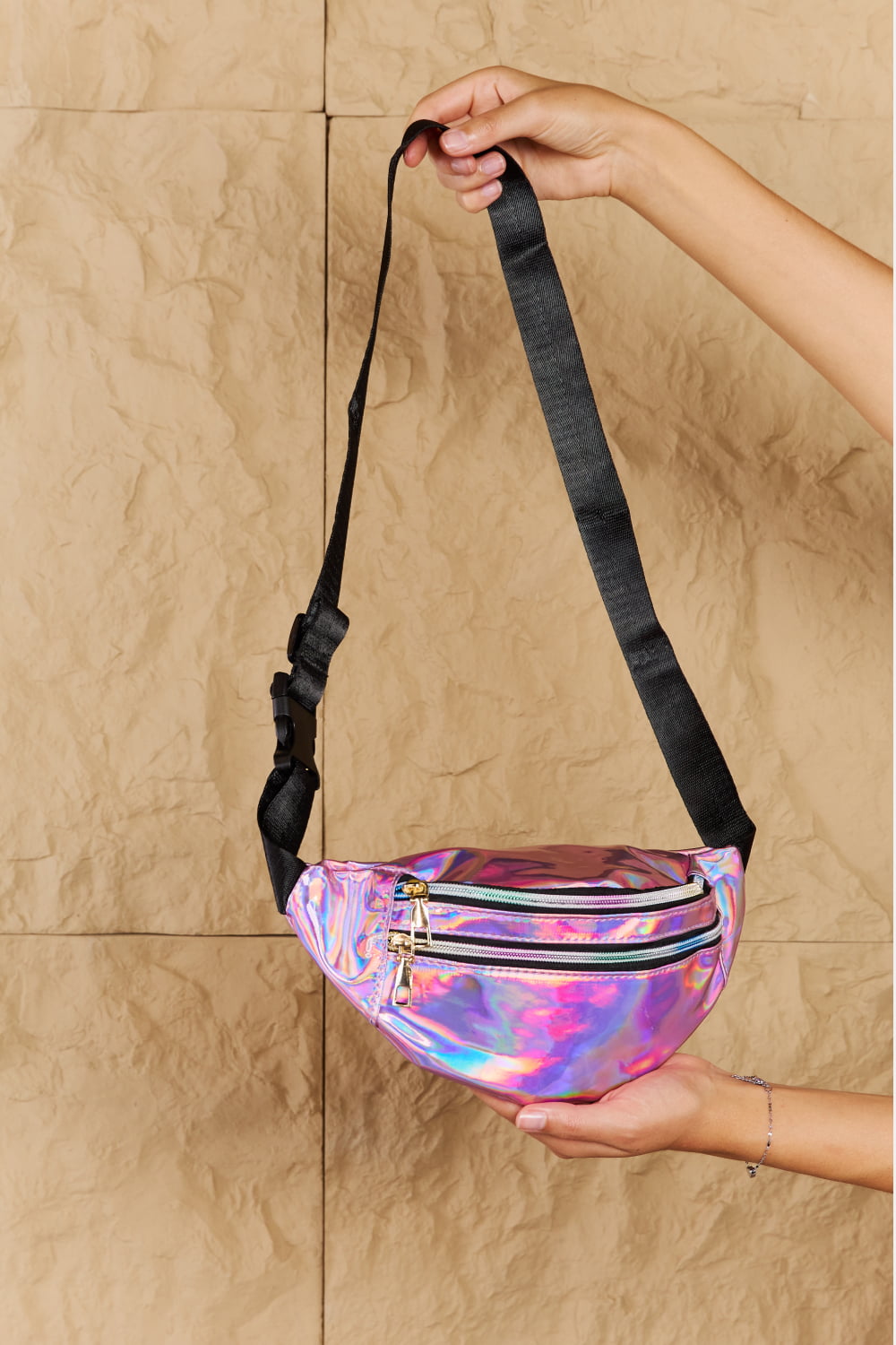 Fame Good Vibrations Iridescent Double Zipper Fanny Pack in Hot Pink