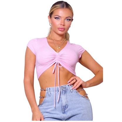 Cap sleeve V neck ruched crop top  97% polyester, 3% spandex  MADE IN USA  Ana is 5’7″ and wearing a size S   