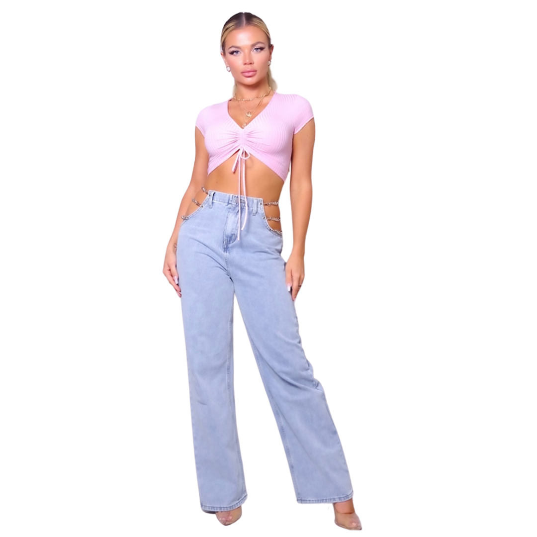 Cap sleeve V neck ruched crop top  97% polyester, 3% spandex  MADE IN USA  Ana is 5’7″ and wearing a size S   