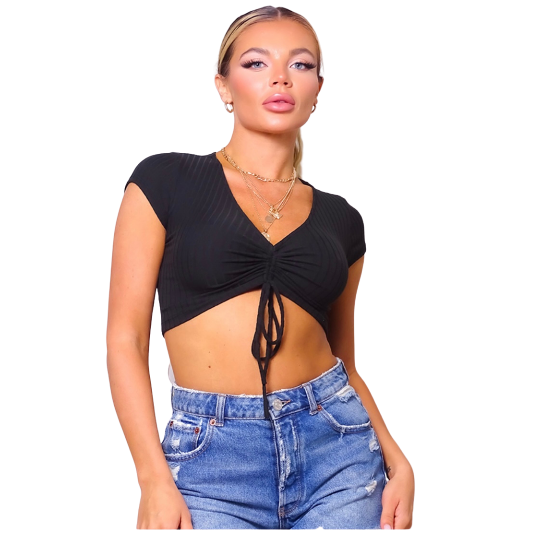 Cap sleeve V neck ruched crop top  97% polyester, 3% spandex  MADE IN USA  Ana is 5’7″ and wearing a size S   