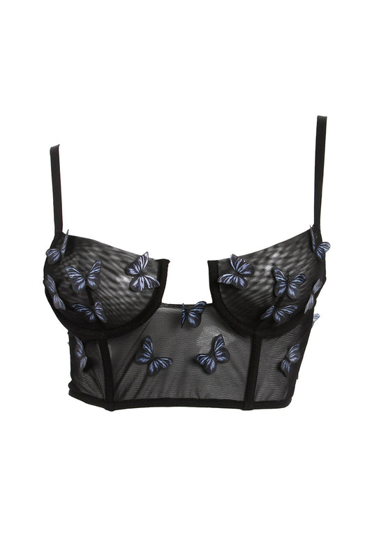 Sheer mesh top adorned with beautifully crafted 3D butterflies, adding a touch of elegance and whimsy to your wardrobe, perfect for enhancing your style and attracting attention.